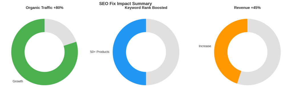 Circle charts showing 80% traffic jump and 45% revenue rise after SEO fixes
