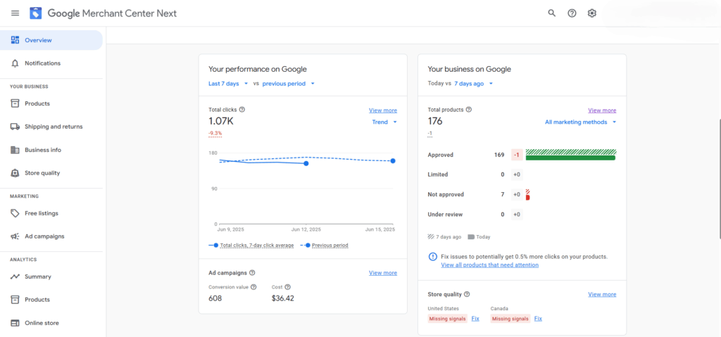Google Merchant Center interface for Australian ecommerce sellers showing product feed and menu.