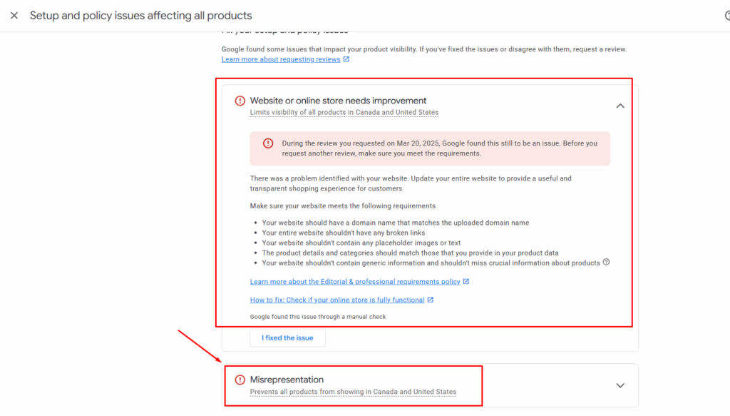 Google Merchant Center misrepresentation errors