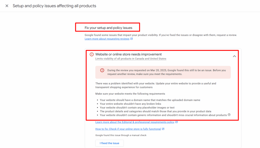 Google Merchant Center common policy violation issue