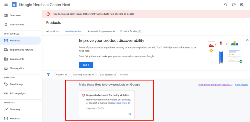Google Merchant Center Policies Violation