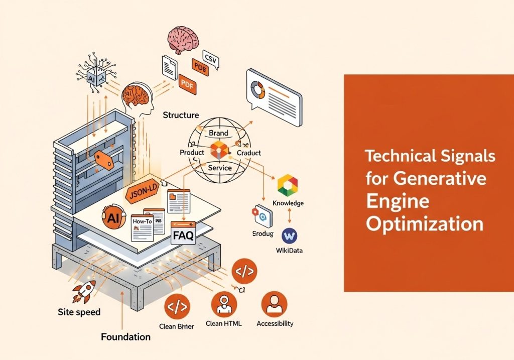 Website foundation graphic showing technical SEO elements for GEO.