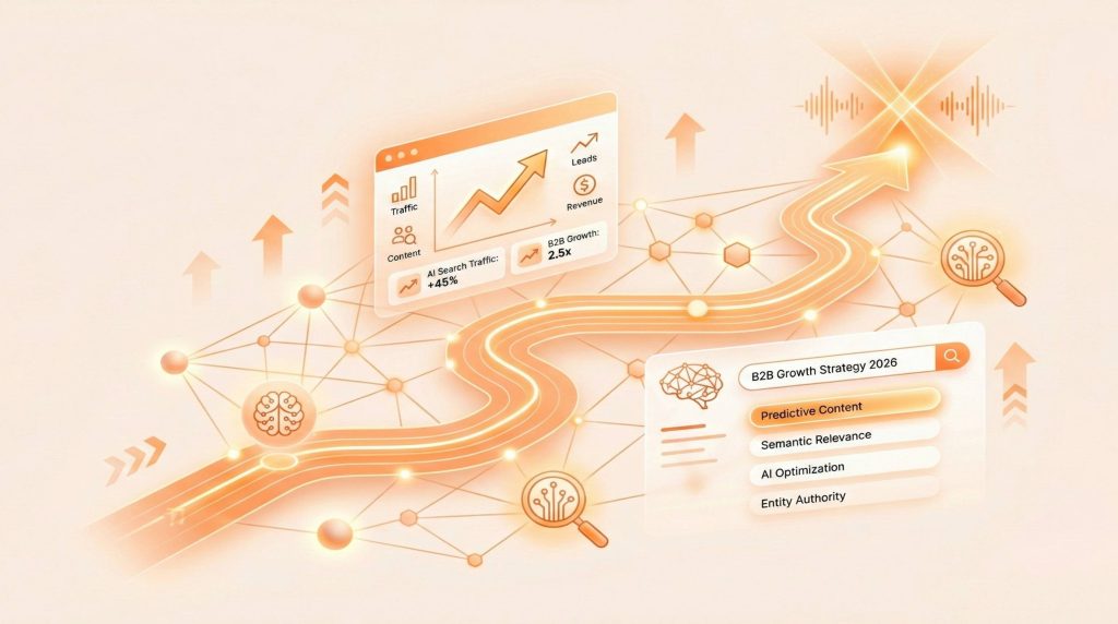 B2B growth strategy dashboard showing 45% AI traffic increase and 2.5x revenue growth through AI optimization.