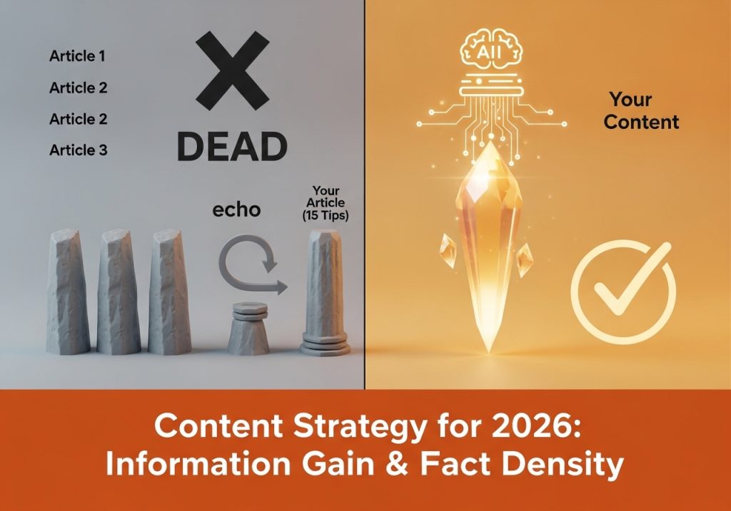 Diagram showing how content with high information gain and fact density outperforms basic articles.