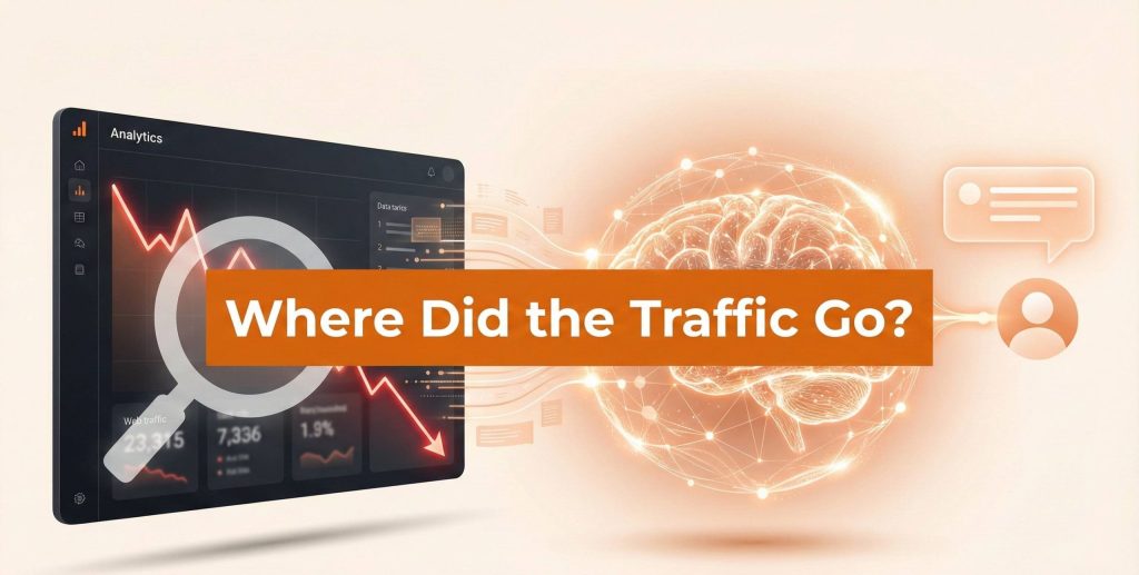 A digital screen showing a falling red line graph and a digital brain icon with the text "Where Did the Traffic Go?