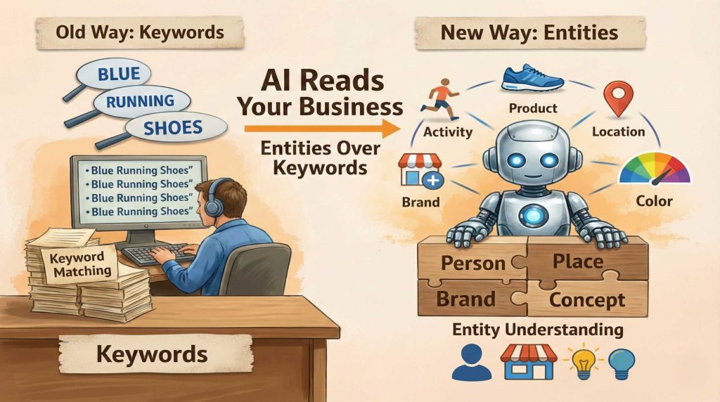 A comparison graphic showing the old way of keyword matching versus the new AI way of understanding business entities like brand, location, and concepts.
