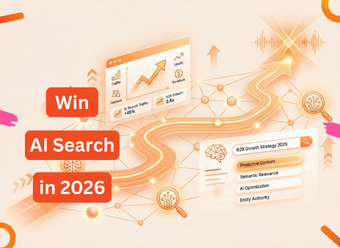A 3D digital roadmap graphic titled "Win AI Search in 2026" showing growth metrics like AI search traffic and predictive content strategy for B2B businesses.