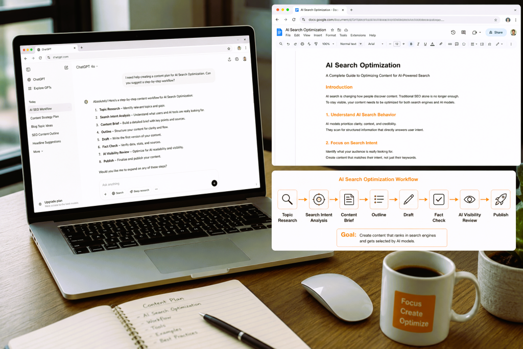 Content marketer using ChatGPT to follow an AI Search Optimization workflow from research to publishing