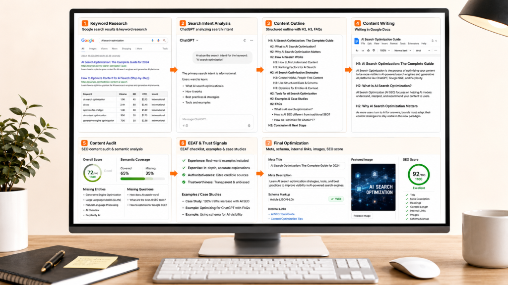 Realistic AI Search Optimization workflow showing keyword research, search intent analysis, content creation, semantic SEO review, trust signals, and final page optimization.