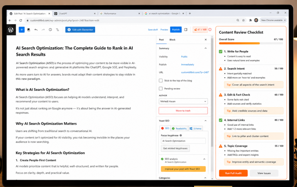 Content editor reviewing a blog post with an AI Search Optimization checklist highlighting common SEO and content mistakes before publishing.