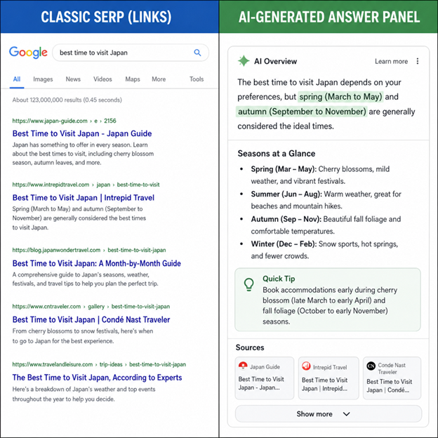 Side-by-side comparison of a classic Google search results page and an AI Overview answer panel for the same query