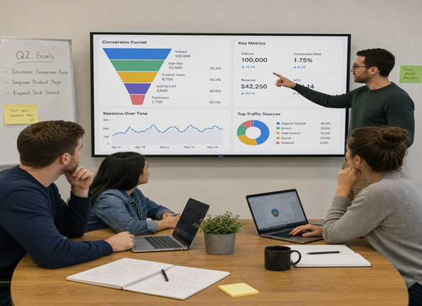 Team analysing a conversion funnel dashboard showing visitor numbers, conversion rate, revenue, and traffic sources on a screen during a strategy meeting