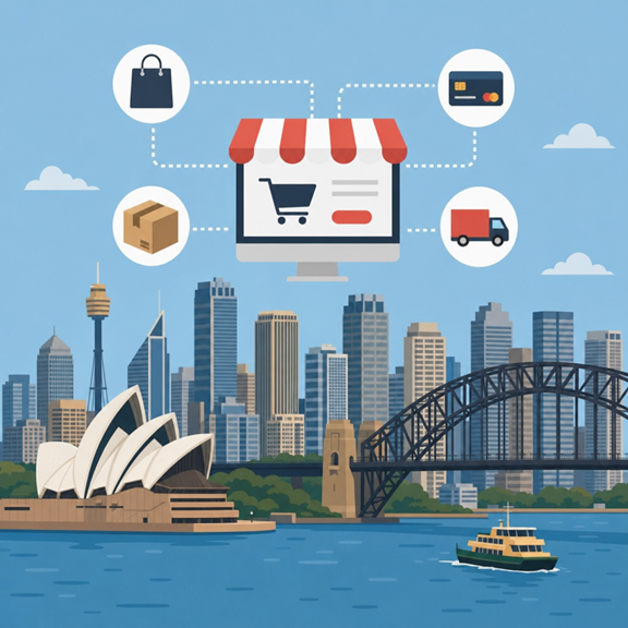 Sydney skyline with ecommerce store icons representing online shopping, payments, shipping and delivery