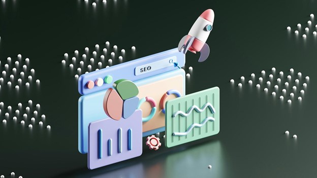 3D illustration of a browser window labelled SEO with a rocket, pie chart, and bar graph on a dark background