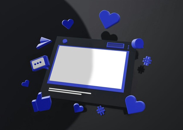 3D illustration of a blank screen surrounded by social media icons like hearts, likes, and hashtags