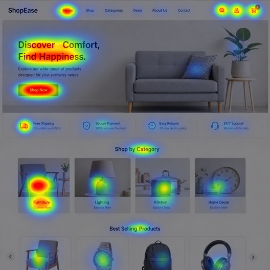 Heatmap overlay on an ecommerce homepage showing where visitors click most
