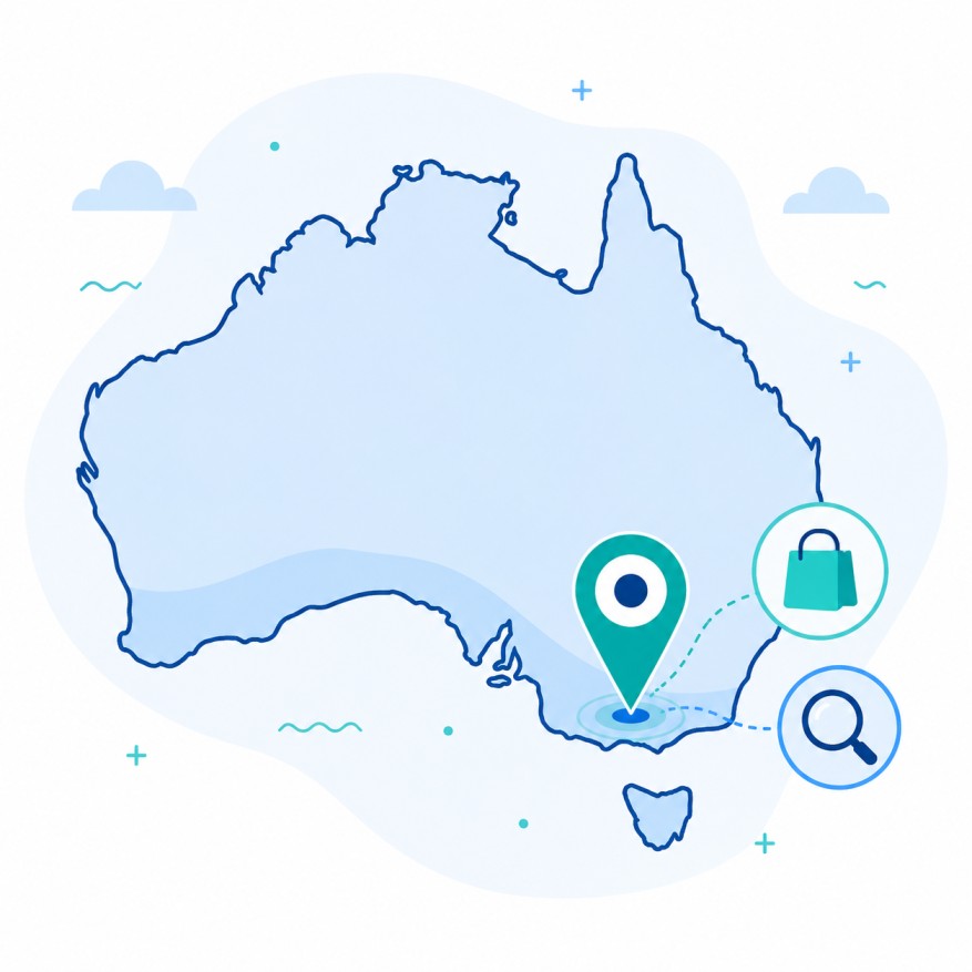 Map of Australia with a location pin on Melbourne, representing local ecommerce SEO focus