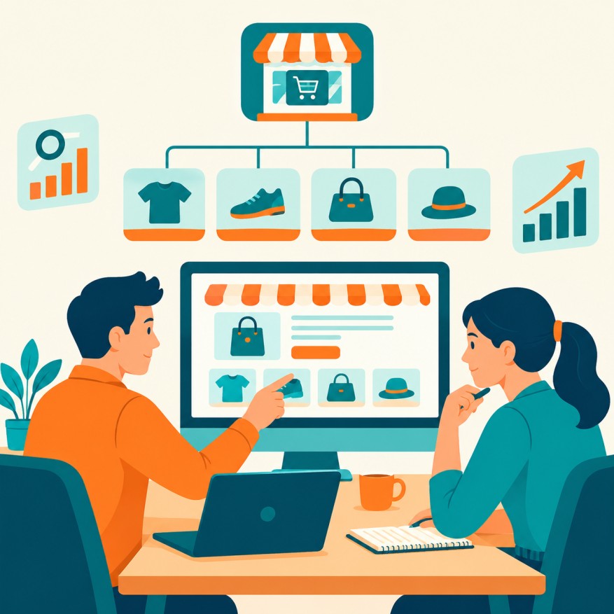 Team analysing an online store's category and product page structure for SEO