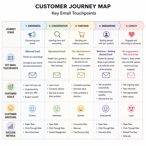 Customer journey map showing five stages from awareness to loyalty with matching email touchpoints