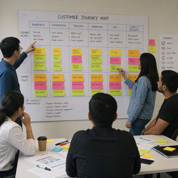 Marketing team mapping a customer journey on a whiteboard during a strategy workshop