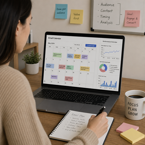Marketer planning an email marketing campaign calendar with performance charts on a laptop