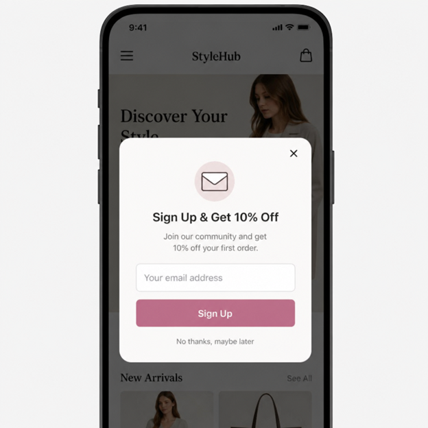 Mobile phone screen showing an email signup popup offering ten percent off the first order